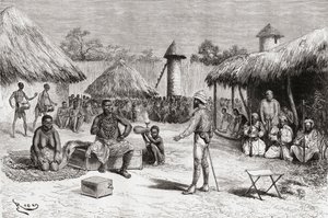 Recepción para el explorador Pietro Paolo Savorgnan di Brazza en la casa del jefe Ketimkuru, Uemba, África Central, de 